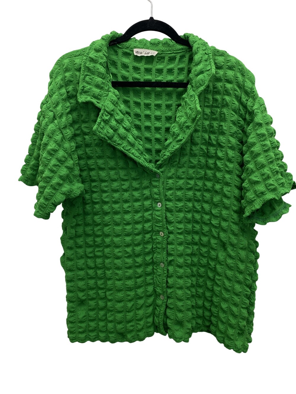 New In Shirt Womens Large Green Textured Waffle Knit Short Sleeve Button Up Top